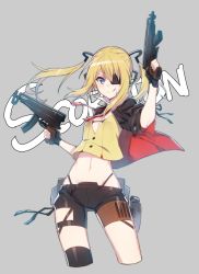 Rule 34 | 1girl, asymmetrical legwear, black bra, blonde hair, blue eyes, bra, breasts, character name, cleavage, dual wielding, eyepatch, fingerless gloves, girls&#039; frontline, gloves, gun, highres, holding, holster, machine pistol, personal defense weapon, shorts, skorpion (girls&#039; frontline), skorpion vz. 61, small breasts, submachine gun, supernew, thighhighs, tongue, tongue out, twintails, underwear, uneven legwear, weapon