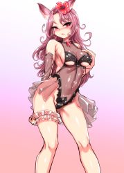 Rule 34 | 10s, 1girl, absurdres, animal ears, bare legs, bare shoulders, breasts, bridal garter, catharine (granblue fantasy), clothing cutout, contrapposto, covered navel, curly hair, erune, eyebrows, eyelashes, flower, fox ears, frills, gem, granblue fantasy, groin, hair flower, hair ornament, hand on own chest, harigane shinshi, highleg, highres, long hair, looking at viewer, medium breasts, pink background, pink flower, pink hair, red gemstone, see-through, shiny clothes, shiny skin, sideboob, simple background, skin tight, solo, standing, underboob, underboob cutout, very long hair