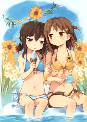 Rule 34 | 2girls, holding another&#039;s arm, bikini, blue eyes, brown eyes, brown hair, flat chest, flower, food, hair ornament, hairclip, highres, holding own arm, ice cream, kyuri, long hair, multiple girls, navel, original, popsicle, sarong, shorts, side ponytail, sitting, swimsuit, yuri