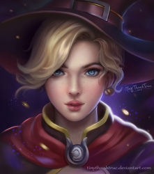Rule 34 | 1girl, artist name, blonde hair, blue eyes, buckle, deviantart username, earrings, eyelashes, food-themed earrings, food themed earrings, freckles, hat, hat belt, highres, jewelry, lips, looking at viewer, mercy (overwatch), nose, official alternate costume, overwatch, overwatch 1, parted lips, portrait, pumpkin earrings, short hair, solo, swept bangs, tiny thanh truc, watermark, web address, witch hat, witch mercy