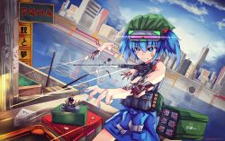 Rule 34 | 1girl, adapted costume, bandaid, bandaid on face, bare shoulders, blue eyes, blue hair, blue nails, bright pupils, building, cityscape, cloud, cyberpunk, cyborg, day, dutch angle, electricity, feet out of frame, glint, green hat, hair between eyes, hair bobbles, hair ornament, hakurei fling, hat, highres, kawashiro nitori, looking ahead, nail polish, outdoors, parted lips, reflection, rocket launcher, serious, short hair, sky, skyscraper, solo, standing, touhou, two side up, v-shaped eyebrows, water, weapon