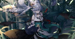 Rule 34 | 1girl, bamboo, bamboo forest, blue eyes, blurry, breasts, chinese clothes, cleavage, depth of field, forest, fu hua, grey hair, hair ornament, hair over one eye, highres, honkai (series), honkai impact 3rd, long hair, looking at viewer, nature, official art, small breasts, smile, solo, tagme, very long hair, yin yang