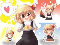 Rule 34 | &gt;:3, 1girl, :3, :d, blonde hair, blush, blush stickers, carrot, cooking, cutting board, embodiment of scarlet devil, fang, female focus, finger in own mouth, finger sucking, flag, food, food on face, food on head, fried rice, frying pan, fujiwara rion, hair ribbon, heart, knife, o o, object on head, one eye closed, open mouth, plate, ribbon, rumia, sauce, shirt, short hair, skirt, skirt set, smile, solo, spoon, surprised, sweatdrop, tears, touhou, v-shaped eyebrows, vest, wavy mouth, wink