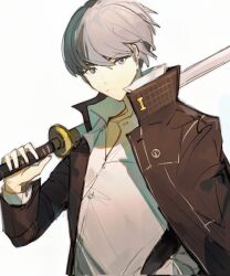 Rule 34 | 1boy, black coat, carrying over shoulder, closed mouth, coat, grey eyes, grey hair, high collar, highres, hikawayunn, holding, holding sword, holding weapon, long sleeves, looking at viewer, male focus, narukami yuu, open clothes, open coat, persona, persona 4, popped collar, shirt, short hair, solo, sword, upper body, weapon, white background, white shirt