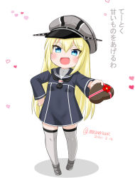 Rule 34 | 1girl, :d, aged down, bismarck (kancolle), black neckerchief, blonde hair, blue dress, blue eyes, blue sailor collar, blush, box, breasts, commentary, dated, dress, fang, full body, gift, grey thighhighs, hair between eyes, hand on own hip, hat, heart-shaped box, holding, holding gift, kantai collection, long hair, long sleeves, looking at viewer, masara (chuujou), military hat, neckerchief, open mouth, peaked cap, rudder footwear, sailor collar, sailor dress, shadow, sidelocks, simple background, small breasts, smile, solo, standing, thighhighs, translation request, twitter username, uniform, white background, zettai ryouiki