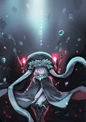Rule 34 | 10s, 1girl, abyssal ship, bodysuit, cape, gloves, glowing, glowing eyes, hat, highres, kantai collection, karlwolf, long hair, open mouth, pale skin, personification, silver hair, solo, translation request, wo-class aircraft carrier, yellow eyes
