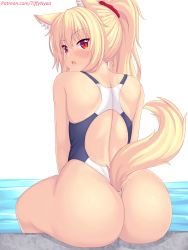 Rule 34 | 1girl, :o, animal ear fluff, animal ears, ass, blonde hair, blush, cat ears, cat girl, cat tail, commentary, competition swimsuit, english commentary, from behind, highres, long hair, looking at viewer, nottytiffy, one-piece swimsuit, original, parted lips, ponytail, red eyes, sitting, solo, swimsuit, tail, thighs, tiffy (nottytiffy), water