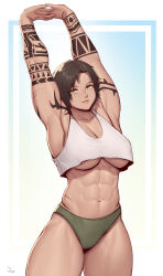 Rule 34 | 1girl, abs, absurdres, arm tattoo, armpit peek, armpits, arms up, bare arms, breasts, brown hair, cleavage cutout, clothing cutout, green panties, hand tattoo, highres, large breasts, looking at viewer, midriff, muscular, muscular female, original, panties, scar, scar across eye, short hair, solo, speedl00ver, stretching, tan, tank top, tattoo, thick thighs, thighs, underboob, underwear, white tank top, yellow eyes