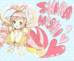 Rule 34 | 1girl, blue eyes, breasts, character name, cleavage, curly hair, earrings, female focus, fishman island, giant, giantess, heart, jewelry, large breasts, melt (moke1103), mermaid, monster girl, one piece, pink hair, polka dot, polka dot background, princess, shirahoshi, solo, text focus