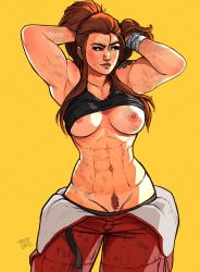 Rule 34 | 1girl, abs, absurdres, adjusting hair, armpits, bandaged wrist, bandages, bikini tan, black panties, black tank top, breasts, brigitte (overwatch), brown hair, brown pubic hair, clothes lift, commentary, english commentary, female pubic hair, highres, large breasts, lips, long hair, looking to the side, lowleg, lowleg panties, muscular, muscular female, navel, nipples, no bra, overalls, overalls pull, overwatch, overwatch 2, panties, ponytail, pubic hair, pussy, pussy peek, red overalls, revision, shaped pubic hair, shirt lift, shoulder tattoo, sidelocks, solo, tan, tank top, tanline, tattoo, thick eyebrows, tropero, underwear, yellow background