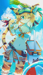 Rule 34 | 1girl, :3, animal ears, arm up, armlet, backlighting, bag, ball, bangle, bare shoulders, beachball, belt, beru (kuro kemo28), bikini, bikini skirt, blonde hair, blue-framed eyewear, blue sky, blush, bracelet, breasts, cat ears, cat tail, claws, closed mouth, cloud, cooler, dagger, day, dutch angle, eyewear on head, facial mark, female focus, furry, furry female, goggles, green-tinted eyewear, green eyes, green ribbon, hand up, happy, highres, horizon, jewelry, jpeg artifacts, knife, light blush, looking to the side, medium breasts, mia (world flipper), multicolored hair, navel, ocean, one eye closed, outdoors, partially submerged, pouch, rake, red ribbon, ribbon, see-through, sheath, sheathed, short hair, sky, smile, solo, sparkle, standing, stomach, swimsuit, tail, tail ornament, tail ribbon, thigh strap, tinted eyewear, two-tone hair, wading, water, weapon, wet, whisker markings, white bikini, white hair, wink, world flipper
