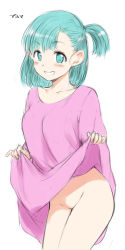 Rule 34 | 1girl, blue eyes, blue hair, blush, bulma, character name, clothes lift, collarbone, cowboy shot, dragon ball, dragon ball (classic), dress, dress lift, grin, hamao, highres, lifting own clothes, medium hair, no panties, one side up, pink dress, simple background, sketch, smile, solo, standing, white background