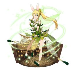 Rule 34 | 1girl, ;d, animal ears, anklet, arrow (projectile), blonde hair, bow (weapon), breasts, rabbit ears, cleavage, drawing bow, floating hair, full body, green eyes, high ponytail, holding, holding arrow, holding bow (weapon), holding weapon, jewelry, large breasts, leafa, long hair, one eye closed, open mouth, pointy ears, simple background, sleeveless, smile, solo, standing, sword art online, transparent, very long hair, weapon, white background