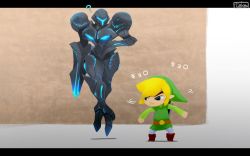 Rule 34 | ?, belt, blonde hair, dark samus, floating, green headwear, green tunic, hand on own hip, letterboxed, link, looking at another, looking to the side, nintendo, shield, shield on back, super smash bros., teke, the legend of zelda, toon link, turning head, wall