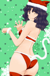 Rule 34 | 1girl, ;p, amagami, black hair, bra, brown eyes, cat tail, closed mouth, cowboy shot, crayon (medium), fur-trimmed bra, fur-trimmed headwear, fur-trimmed panties, fur trim, green background, hat, long hair, looking at viewer, one eye closed, panties, red bra, red hat, red panties, red thighhighs, santa hat, shoulder blades, smile, solo, standing, tail, takemi kaoru, tanamachi kaoru, thighhighs, tongue, tongue out, traditional media, underwear, underwear only, wrist cuffs