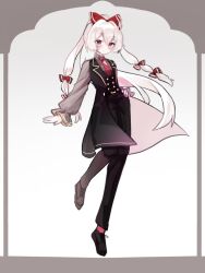 Rule 34 | 1girl, alternate costume, black footwear, black pants, bow, closed mouth, commentary, fujiwara no mokou, full body, grey background, hair bow, lennonrine, long hair, long sleeves, looking at viewer, necktie, one-hour drawing challenge, pants, red bow, red eyes, red necktie, simple background, solo, touhou, white hair