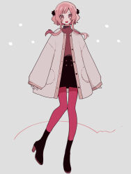 Rule 34 | 1girl, blush stickers, boots, coat, full body, hair ornament, high heel boots, high heels, highres, long sleeves, maco22, open mouth, original, pantyhose, pink eyes, pink hair, short hair with long locks, skirt, sleeves past wrists, smile, solo