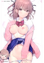 Rule 34 | 1girl, 6u (eternal land), absurdres, bed sheet, blush, bow, bow panties, breasts, brown eyes, brown hair, character name, chibi, closed mouth, collarbone, fingernails, highres, jacket, long sleeves, looking at viewer, lying, medium breasts, navel, nipples, on back, open clothes, open shirt, original, page number, panties, pink jacket, pulled by self, scan, shiny skin, shirt, short hair, simple background, skirt, sleeves past wrists, smile, solo, stomach, underwear, white shirt