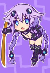Rule 34 | 10s, 1girl, bad id, bad pixiv id, bent over, blue eyes, blush, braid, breasts, chibi, cleavage, d-pad, d-pad hair ornament, full body, gloves, hair ornament, headgear, kamia (not found), long hair, looking at viewer, neptune (neptunia), neptune (series), open mouth, power symbol-shaped pupils, purple hair, purple heart (neptunia), solo, sword, symbol-shaped pupils, twin braids, very long hair, weapon, wooden sword
