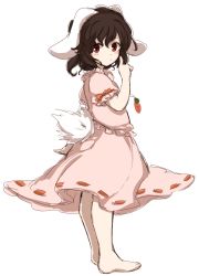 Rule 34 | 1girl, animal ears, bad id, bad pixiv id, barefoot, blush stickers, brown hair, carrot, carrot necklace, female focus, full body, inaba tewi, jewelry, necklace, pendant, puffy sleeves, rabbit ears, rabbit girl, rabbit tail, red eyes, short hair, short sleeves, simple background, skirt, skirt set, solo, tail, touhou, tsukiori, white background