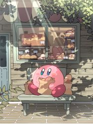 Rule 34 | 1boy, baguette, bakery, bench, blue eyes, bread, dappled sunlight, day, display, display case, food, holding, kirby, kirby (series), leaf, loaf of bread, mutekyan, nintendo, no humans, outdoors, shop, sitting, smile, storefront, sunlight