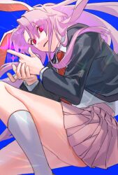 Rule 34 | 1girl, animal ears, annindofu umaaa, black jacket, blazer, collared shirt, feet out of frame, finger gun, highres, jacket, knee up, long hair, long sleeves, looking at viewer, necktie, open clothes, open jacket, parted lips, pink eyes, pink hair, pink skirt, pleated skirt, rabbit ears, rabbit girl, red necktie, reisen udongein inaba, shirt, skirt, socks, solo, touhou, white shirt, white socks