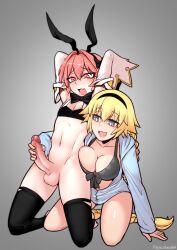 Rule 34 | 1boy, 1girl, absurdres, animal ears, arm support, arms up, assertive female, astolfo (fate), black hairband, black thighhighs, blonde hair, braid, braided ponytail, breasts, bright pupils, cleavage, collarbone, fake animal ears, fang, fate/apocrypha, fate (series), frenchthenhen, grey background, grey eyes, hairband, handjob, hetero, highres, hood, hood down, jeanne d&#039;arc (fate), kneeling, large breasts, navel, open mouth, penis, pink hair, rabbit ears, simple background, skin fang, smile, testicles, thighhighs, trap, trap on female, uncensored, white pupils