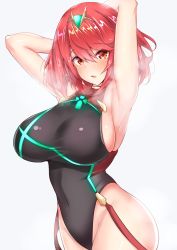 Rule 34 | 1girl, armpits, arms behind head, arms up, black one-piece swimsuit, blush, breasts, competition swimsuit, covered navel, earrings, female focus, headpiece, highleg, highleg swimsuit, highres, hip focus, jewelry, large breasts, looking at viewer, matching hair/eyes, nintendo, one-piece swimsuit, open mouth, pyra (pro swimmer) (xenoblade), pyra (xenoblade), red eyes, red hair, red one-piece swimsuit, sankakusui, short hair, sideboob, sidelocks, smell, solo, swept bangs, swimsuit, tiara, two-tone swimsuit, xenoblade chronicles (series), xenoblade chronicles 2
