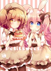 Rule 34 | 2girls, animal ears, apron, bag, black legwear, blue eyes, blush, brown apron, brown eyes, brown hair, brown skirt, rabbit ears, cake, center frills, closed mouth, collared shirt, commentary request, cookie, dog ears, food, frilled apron, frills, haru ichigo, heart, holding, holding bag, long hair, looking at viewer, multiple girls, original, pantyhose, pink hair, puffy short sleeves, puffy sleeves, shirt, short sleeves, skirt, smile, striped, striped background, twintails, vertical stripes, very long hair, white shirt