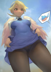 Rule 34 | 1boy, 1girl, blonde hair, blue dress, blue hairband, blush, breasts, breath of fire, breath of fire iv, brown eyes, capelet, chibi, chibi inset, clothes lift, commentary, dress, dress lift, earrings, english commentary, feathered wings, from below, full-face blush, gluteal fold, hairband, highres, jewelry, lifted by self, looking down, medium breasts, nat the lich, nina (breath of fire iv), nose blush, pantyhose, ryuu (breath of fire iv), seamed legwear, short hair, solo focus, stud earrings, upskirt, white capelet, wings