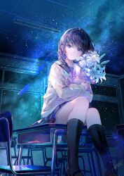Rule 34 | 1girl, black sailor collar, black socks, blue eyes, blue hair, bouquet, chair, classroom, closed mouth, desk, flower, fuzichoco, highres, holding, holding bouquet, indoors, kneehighs, long hair, long sleeves, looking at viewer, on desk, original, pleated skirt, sailor collar, school desk, shirt, skirt, smile, socks, solo, space, star (sky), white shirt