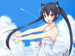 Rule 34 | 1girl, :d, animal ears, black hair, cat ears, contrail, day, dress, floral print, gairou (takakuan), highres, k-on!, long hair, looking at viewer, nakano azusa, open mouth, smile, solo, stretching, sundress, twintails, yellow eyes