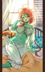 Rule 34 | 1girl, bedroom, blush, braid, breasts, charlotte (isekai: slow life), colored skin, female goblin, goblin, green skin, isekai: slow life, large breasts, long hair, looking at viewer, monster girl, nightgown, one eye closed, open mouth, pointy ears, red eyes, red hair, solo, twin braids, twintails