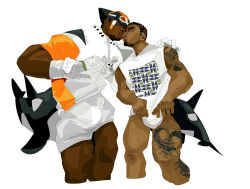 Rule 34 | 2boys, absurdres, bamashengze, bara, briefs, bulge, cetacean tail, check copyright, copyright request, couple, cropped torso, dark-skinned male, dark skin, facial hair, feet out of frame, fins, fish tail, foreplay, french kiss, goatee, heart, heart tattoo, highres, kiss, male focus, male underwear, mature male, multiple boys, muscular, muscular male, orca boy, original, see-through, side-by-side, skull tattoo, standing, stubble, tail, tattoo, thick eyebrows, thick thighs, thighs, underwear, very dark skin, wet, wet clothes, wet male underwear, yaoi