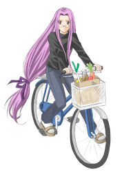 Rule 34 | 00s, 1girl, bag, bicycle, black shirt, brown eyes, carrot, cruiser bicycle, denim, fate/stay night, fate (series), food, full body, glasses, groceries, jeans, long hair, long sleeves, looking at viewer, low-tied long hair, medusa (fate), medusa (rider) (fate), official alternate costume, pants, paper bag, purple hair, riding, sandals, shirt, sidelocks, simple background, socks, solo, spring onion, toshibou (satsukisou), very long hair, white background