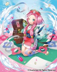 Rule 34 | 10s, 1girl, bandages, blue eyes, bottle, cardfight!! vanguard, company name, drugs, full body, gloves, hat, japanese clothes, jewelry, long hair, low twintails, matsurika youko, medicinal miko yakushiji, necklace, official art, one eye closed, pill, side ponytail, sitting, sky, solo, twintails