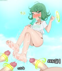 Rule 34 | 1girl, 3boys, bare legs, barefoot, black panties, blush, clothes writing, cloud, collarbone, crossed legs, cum, cum on body, cum on feet, ejaculation, energy, english text, feet, flat chest, floating, food, food in mouth, full body, green eyes, green hair, highres, maniacbox, midriff, multiple boys, no pants, nose blush, one-punch man, panties, penis, popsicle, popsicle in mouth, projectile cum, psychic, shirt, short hair, short sleeves, sky, soles, solo focus, tatsumaki, testicles, thighs, tied shirt, toes, underwear, veins, veiny penis, white shirt