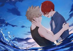 Rule 34 | 2boys, bakugou katsuki, bare arms, bare shoulders, black tank top, blonde hair, blue jacket, blue sky, boku no hero academia, closed eyes, cloud, commentary request, day, dutch angle, facing another, from side, grey hair, hand on another&#039;s face, highres, jacket, looking at another, male focus, miyanami 3, multicolored hair, multiple boys, open mouth, outdoors, red hair, shirt, short hair, sky, smile, tank top, todoroki shouto, two-tone hair, water, wet, wet hair, white shirt, yaoi