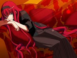 00s 1girl blue_eyes couch female_focus game_cg japanese_clothes kimono long_hair melty_blood official_art pillow red_hair solo takeuchi_takashi tohno_akiha toono_akiha tsukihime type-moon vermillion_akiha very_long_hair