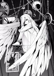 Rule 34 | 1girl, alternate costume, angel, angel wings, bound, bound legs, braid, broken, chain, commentary, corruption, cuffs, dress, empty eyes, feathered wings, greyscale, highres, hugging own legs, jewelry, kirisame marisa, long hair, long sleeves, looking at viewer, monochrome, monsterification, necklace, no headwear, nodoguro (phi-tan), open mouth, pendant, shackles, side braid, single braid, solo, touhou, wings