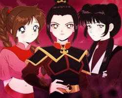 3girls avatar:_the_last_airbender avatar_legends azula black_hair braid braided_ponytail breasts brown_eyes brown_hair crop_top cropped_shirt double_bun frown hair_bun hand_on_own_hip low_twintails mai_(avatar) midriff multiple_girls navel pink_background retro_artstyle single_braid small_breasts smile turtleneck twintails ty_lee vampire_valentine