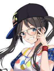 Rule 34 | 1girl, adjusting eyewear, bare shoulders, baseball cap, bespectacled, black hair, black hat, blue eyes, blush, bra, bra strap, breasts, commentary request, floating hair, glasses, grey-framed eyewear, grin, hand on eyewear, hand up, hat, highres, idolmaster, idolmaster shiny colors, jewelry, long hair, looking at viewer, mitsumine yuika, necklace, off shoulder, parted bangs, schreibe shura, shirt, short sleeves, sidelocks, sideways hat, simple background, small breasts, smile, solo, teeth, twintails, underwear, upper body, white background, white shirt, wristband, yellow bra