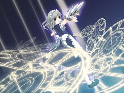 Rule 34 | 1girl, between fingers, blue eyes, braid, clock, female focus, foreshortening, grey hair, highres, holding, holding knife, izayoi sakuya, knife, knives between fingers, magic circle, maid, mary janes, outstretched arms, pantyhose, pocket watch, roman numeral, shoes, short hair, shouji ayumu, solo, spread arms, team shanghai alice, throwing knife, touhou, twin braids, watch, weapon, white pantyhose