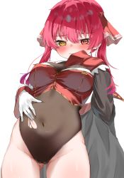 Rule 34 | 1girl, @ @, absurdres, blush, breasts, brown eyes, cameltoe, cape, female focus, gloves, hair ribbon, heterochromia, highres, hololive, houshou marine, large breasts, leotard, looking down, navel, pink hair, red eyes, ribbon, simple background, solo, takeno omoti, torn clothes, torn leotard, twintails, virtual youtuber, white background, white gloves