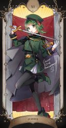 Rule 34 | 1girl, alternate costume, anniversary, black pantyhose, boots, cape, character name, commentary request, dated, english text, expressionless, gloves, green eyes, green footwear, green hair, green skirt, gumi, hat, holding, holding sword, holding weapon, justice (tarot), looking at viewer, pantyhose, parted lips, short hair, short hair with long locks, signature, skirt, solo, standing, standing on one leg, sword, tama (songe), tarot, tarot (medium), text focus, uniform, vocaloid, weapon, white gloves