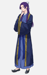 Rule 34 | 1boy, black footwear, chinese clothes, full body, hand on own chin, jinshi (kusuriya no hitorigoto), kurei 9 0, kusuriya no hitorigoto, long hair, male focus, purple eyes, purple hair, simple background, solo, white background, wide sleeves