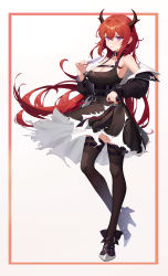 Rule 34 | 1girl, absurdres, arknights, armpits, bare shoulders, black dress, black footwear, black jacket, black thighhighs, blush, border, breasts, cleavage, detached collar, dress, food, full body, high heels, highres, holding, holding food, horns, jacket, large breasts, long hair, looking at viewer, nail polish, off shoulder, open clothes, open jacket, outside border, parted lips, ponytail, popsicle, purple eyes, red border, red hair, red nails, sanmu, simple background, solo, standing, surtr (arknights), thigh strap, thighhighs, underbust, very long hair, white background