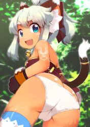 Rule 34 | 1girl, animal ears, ass, blue eyes, butt crack, cameltoe, cat ears, cat tail, dutch angle, fang, from behind, gloves, lillithlauda, looking back, panties, petite, ponytail, priget, sidelocks, solo, standing, tail, tail ornament, tail ring, tan, tattoo, thighhighs, trefoil, underwear
