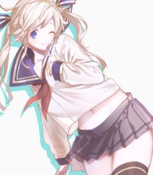 Rule 34 | 10s, 1girl, alternate costume, black thighhighs, blonde hair, blue eyes, blue skirt, closed mouth, contemporary, cucouroux (granblue fantasy), eyebrows, granblue fantasy, hair ribbon, koza game, long hair, long sleeves, miniskirt, navel, pleated skirt, ribbon, school uniform, serafuku, simple background, skirt, smile, solo, striped ribbon, thighhighs, twintails, white background