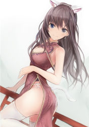 Rule 34 | 1girl, :3, animal ears, bare shoulders, black hair, blush, breasts, cat ears, cat girl, cat tail, china dress, chinese clothes, chinese text, cleavage, cling, closed mouth, dress, dutch angle, earrings, fake animal ears, hair between eyes, ichinose shiki, idolmaster, idolmaster cinderella girls, jewelry, leg up, long hair, looking at viewer, nannacy7, profile, railing, ribbon, smile, solo, standing, tail, thighhighs, traditional chinese text, traditional clothes, white thighhighs